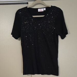 Quacker Factory Black Sequin Cotton Top Size Medium